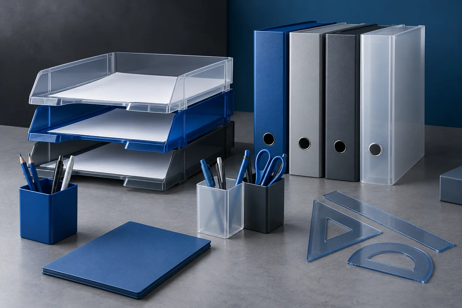 Immagine illustrativa: articoli in plastica per ufficio e scuola, senza riferimenti a un catalogo reale