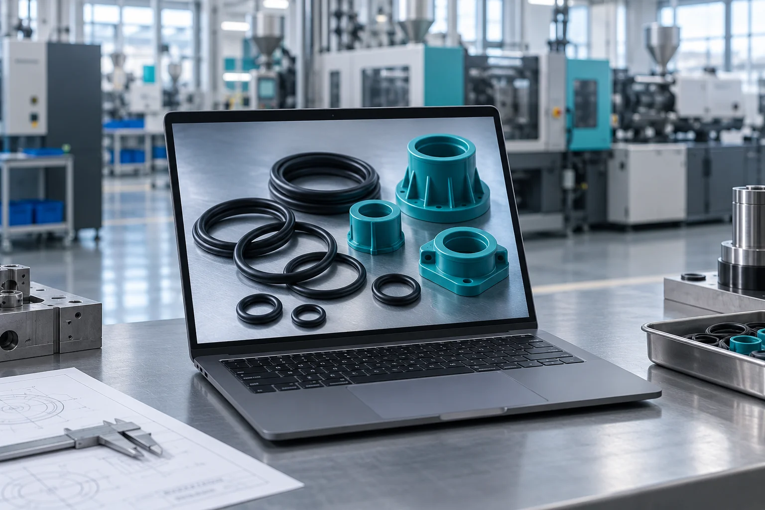 Immagine illustrativa: computer con componenti in gomma e plastica su una postazione industriale