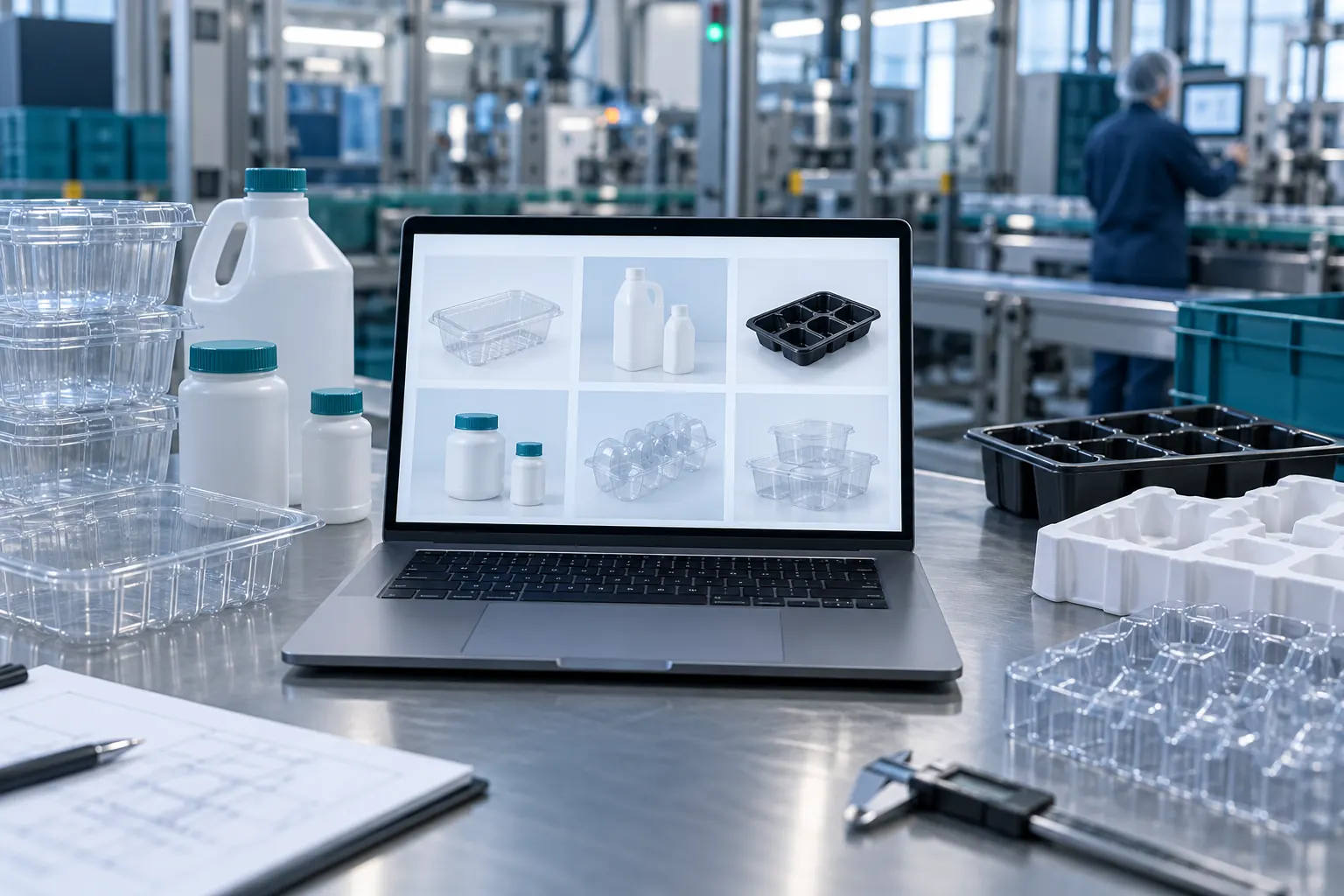 Immagine illustrativa: computer con catalogo di packaging fra vaschette, contenitori e inserti su un banco industriale