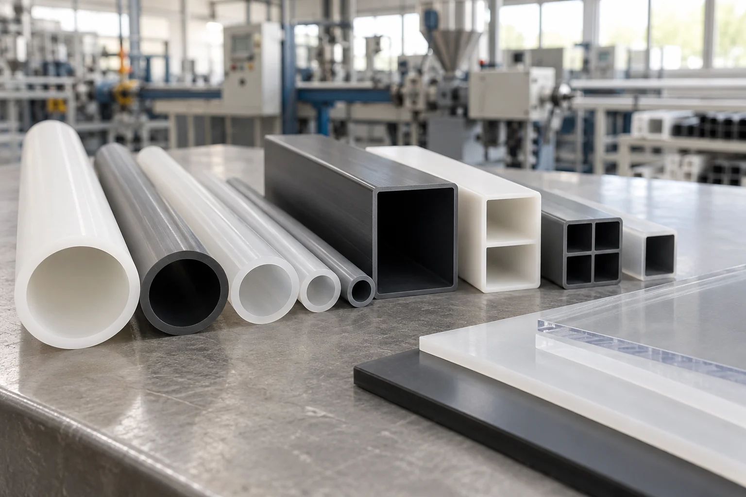 Immagine illustrativa di tubi, profili estrusi e lastre in plastica; non rappresenta un catalogo reale