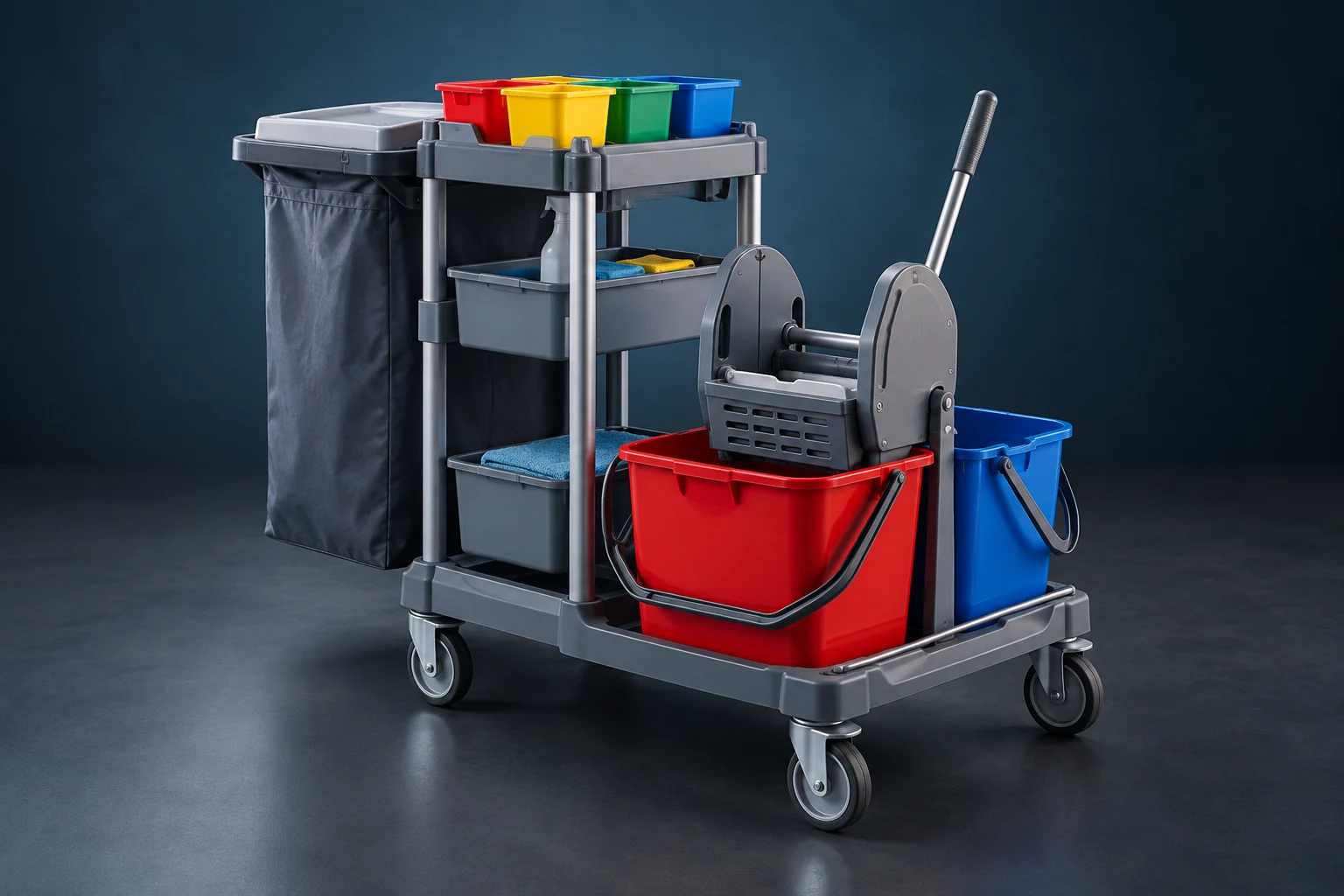Immagine illustrativa: attrezzature in plastica per la pulizia professionale, senza riferimenti a un catalogo reale